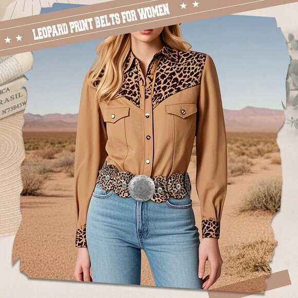 Woman\'s Western PU Leather Belts Concho Disc Wide Waist Belt Leopard Silver main image 2